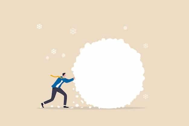 A digital illustration depicting a person pushing a large snowball down a hill, with each revolution of the snowball erasing debt symbols and leaving a trail of financial freedom markers.