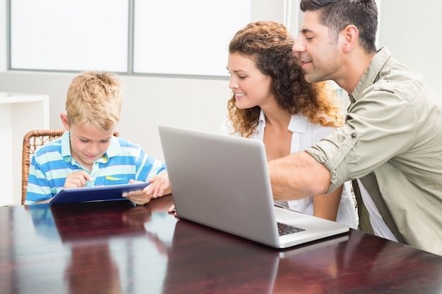 A family looking at a laptop, reviewing long-term care insurance policies. The focus is on the screen displaying different policy options and coverage details, with the family members discussing the best choices for their parents.