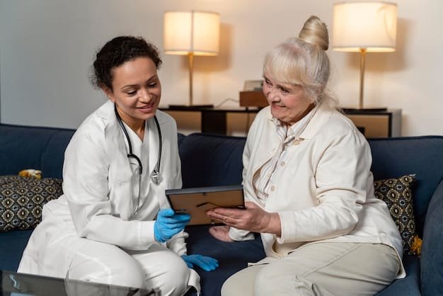 A senior woman receiving home healthcare assistance from a nurse in her living room. The scene shows the nurse checking the woman's blood pressure, with a friendly and supportive interaction between them.