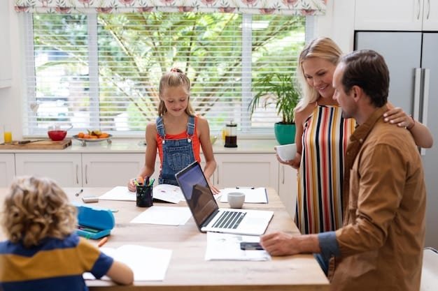 A family (parents and a teenage child) sitting at a table, reviewing financial documents and a laptop displaying investment charts. The expressions on their faces suggest careful consideration and planning for the future.