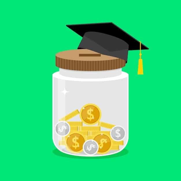 A close-up of a savings jar filled with coins and dollar bills, with a graduation cap resting on top of the jar. This illustrates the concept of saving money gradually for future education expenses.