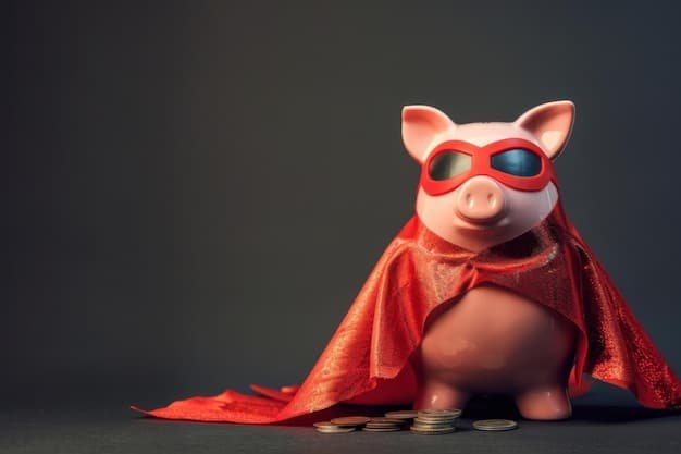 A piggy bank wearing a superhero cape, symbolizing the need to protect savings from inflation. Coins are scattered around.