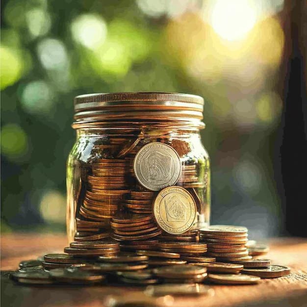 Hands placing coins into a glass jar labeled 