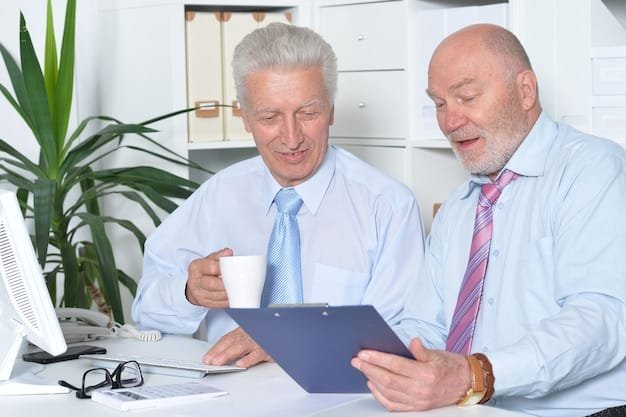 An image of a financial advisor sitting at a desk, discussing investment strategies with a senior couple. They are looking at charts and graphs, and the atmosphere is one of trust and collaboration.