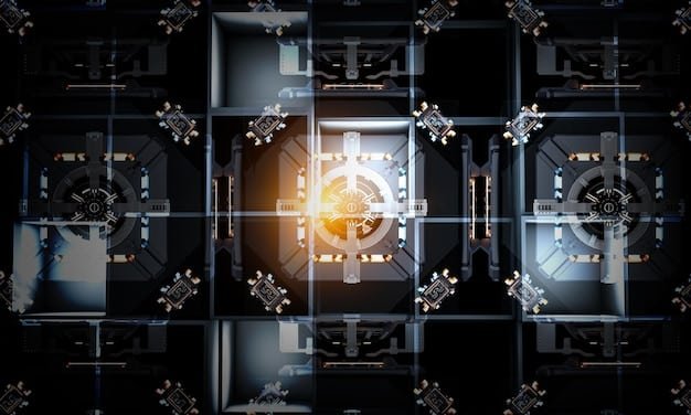 A visual representation of a digital vault with multiple layers of security, including encryption keys, firewalls, and biometric locks, emphasizing the importance of robust security measures in crypto lending.