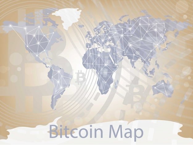 A stylized representation of the Bitcoin network, overlaid on a world map with concentrations of mining activity highlighted in different regions.